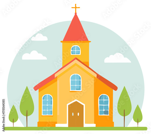 Charming yellow church with arched windows and a red steeple against a blue sky