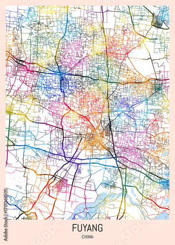 Wallpaper Mural Fuyang China City Map. downtown printable Landmarks print painting, travel art banner modern city, urban city art, background abstract Torontodigital.ca