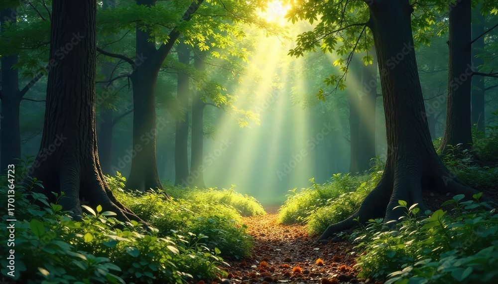 Fototapeta premium Sunlit Woodland Canopy Magical Forest Floor Dappled with Light, Perfect for Nature, Environmental, and Fantasy Themes