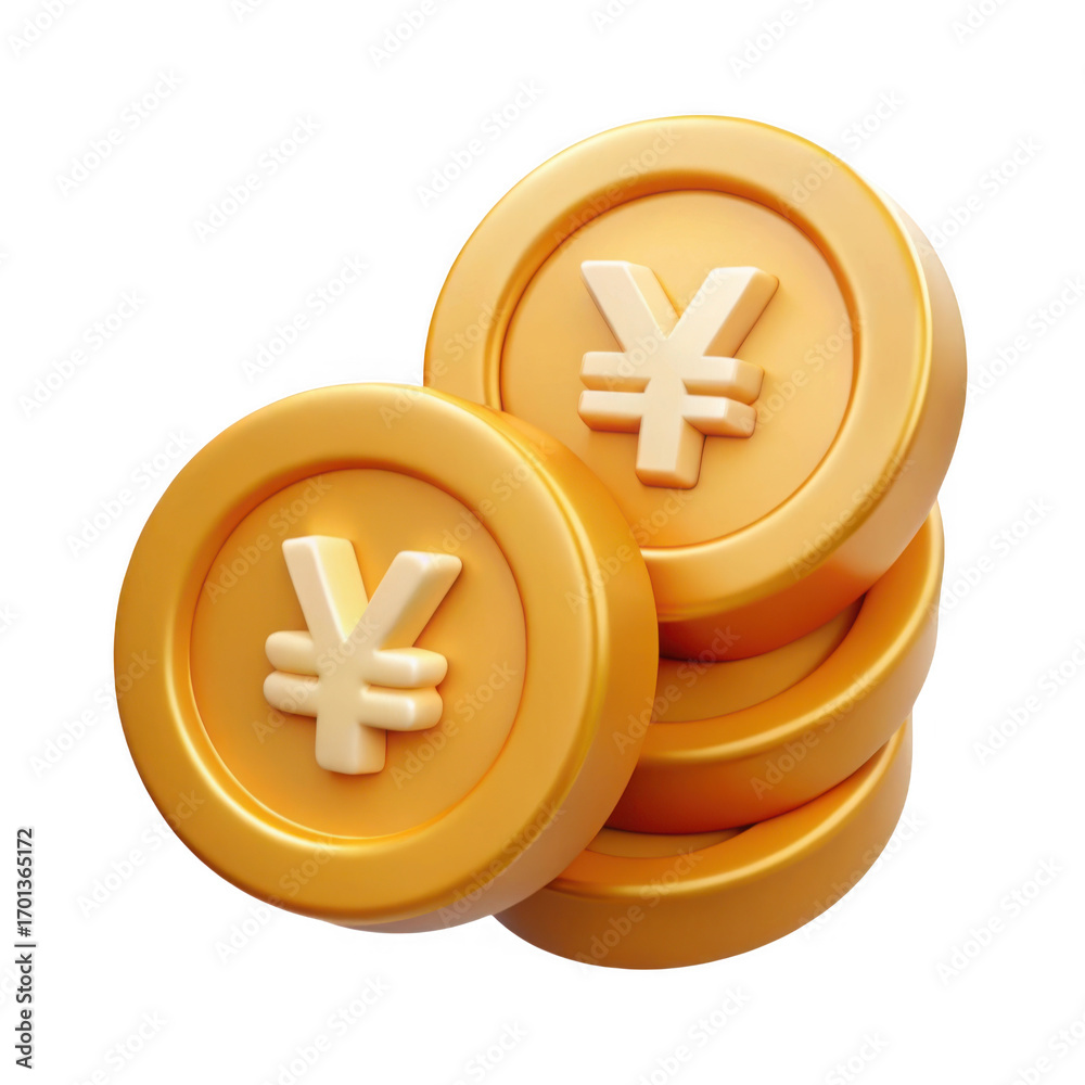 Fototapeta premium Stack of yen coins isolated on transparent background