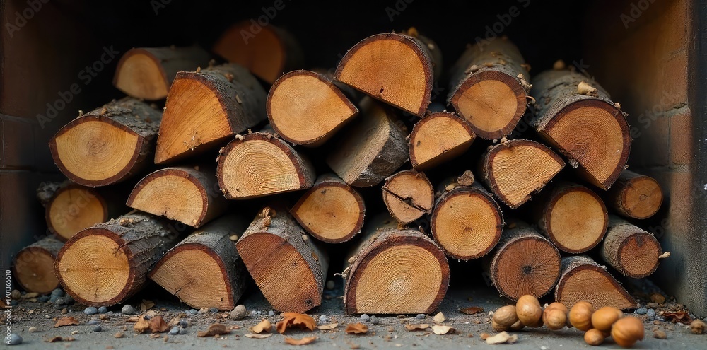 Fototapeta premium A rustic pile of seasoned firewood, ready for a cozy fire Perfect for autumn, winter, or fireplace themes Various wood types and sizes create texture and visual interest , countryside, dry