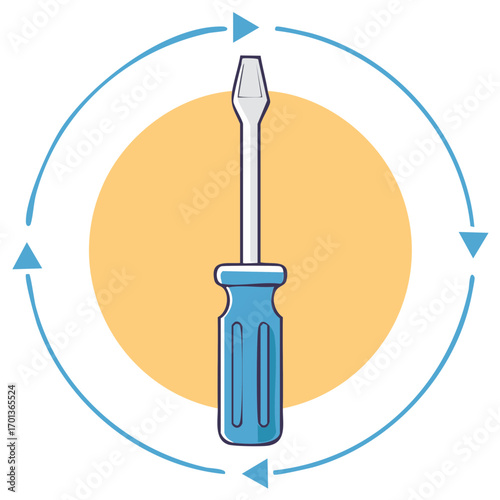 Illustrated screwdriver with circular arrows, repair or maintenance concept