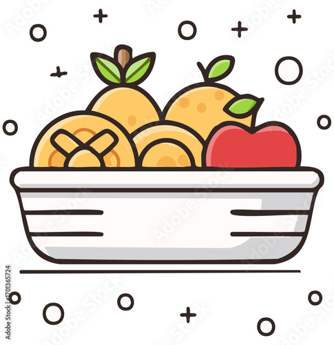 A bowl overflowing with fresh fruit including oranges and an apple with playful decorative elements