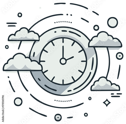 Abstract clock face with clouds and celestial elements symbolizing time and the sky