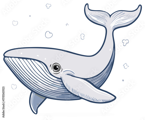 Illustration of a Gray Whale with Bubbles and Hearts Decorating the Scene