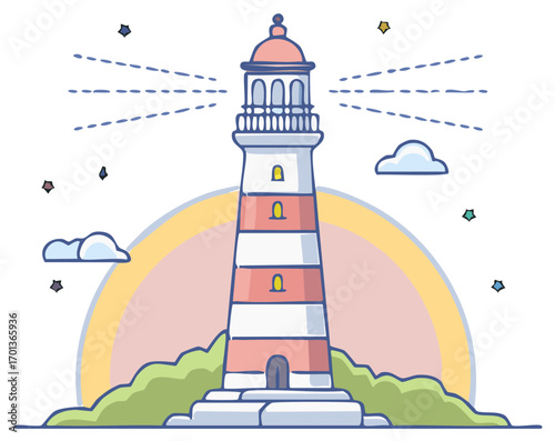 Stylized lighthouse emitting beams of light surrounded by clouds and stars with a pastel rainbow arc
