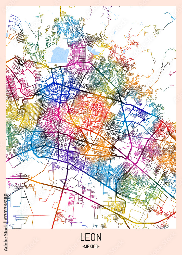 custom made wallpaper toronto digitalLeón Mexico City Map. downtown printable Landmarks print painting, travel art banner modern city, urban city art, background abstract