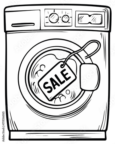 Hand drawn sketch of a washing machine with a sale tag inside the drum