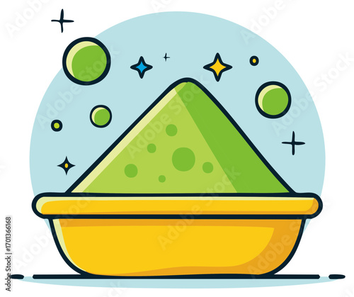 Bowl with Green Powder and Sparkling Elements. Green Powder in Container with Design Elements