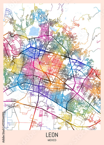 Wallpaper Mural León Mexico City Map. downtown printable Landmarks print painting, travel art banner modern city, urban city art, background abstract Torontodigital.ca