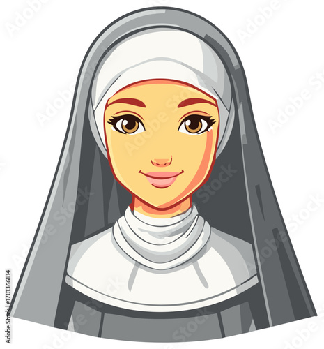 Illustration of a nun with a veil smiling and wearing traditional Catholic religious clothing with a welcoming expression