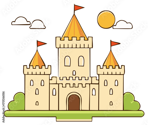 Playful cartoon castle illustration featuring multiple towers flags sun and clouds in a fantasy setting