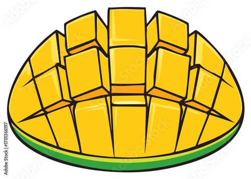 Juicy yellow mango cheek cut into cubes, a simple and fresh tropical fruit cartoon icon.