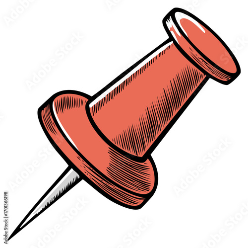 Engraved Illustration of a Red Push Pin Office Supply for Bulletin Boards and Presentations