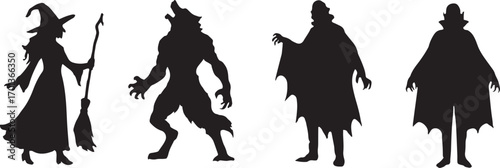 Halloween Monsters Silhouette Collection with Witch, Werewolf, and Vampire

