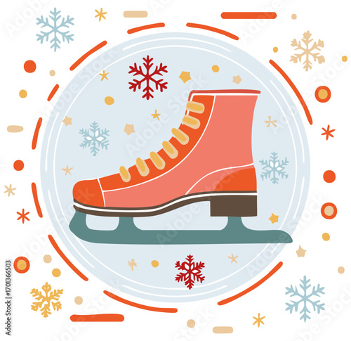 Winter ice skate illustration with snowflakes and festive circular pattern