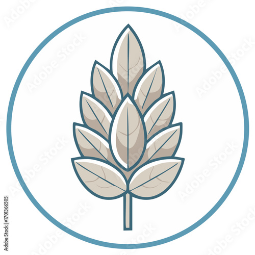 Stylized hop cone icon with botanical leaves in a blue circle