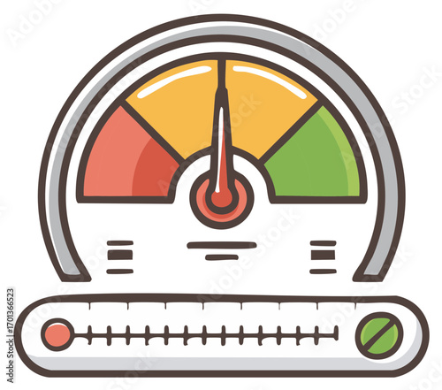 Doodle style speedometer with needle pointing to green zone and level indicator
