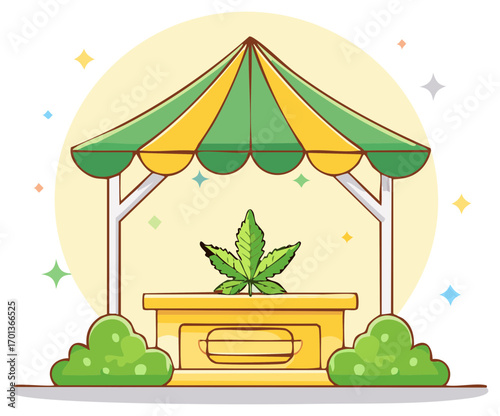 Friendly cartoon illustration of a cannabis dispensary market stall