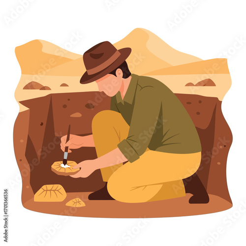 Archaeologist carefully excavating ancient artifacts in a desert dig site.