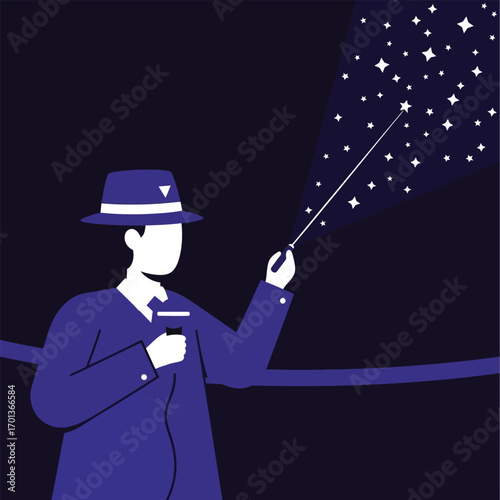 A stylish man in a hat guides a tour, presenting a celestial display with a glowing wand.