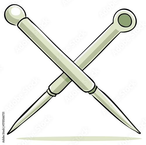 Two cartoon sewing pins crossed in an X shape. Simple vector illustration of tailor or craft tools.