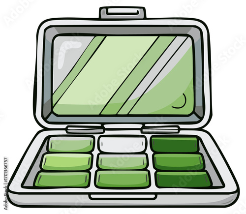 Vibrant green eyeshadow palette with mirror open cartoon style illustration
