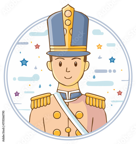 Cartoon illustration of a smiling young man in a blue and beige uniform with a tall decorated hat within a festive starry circle