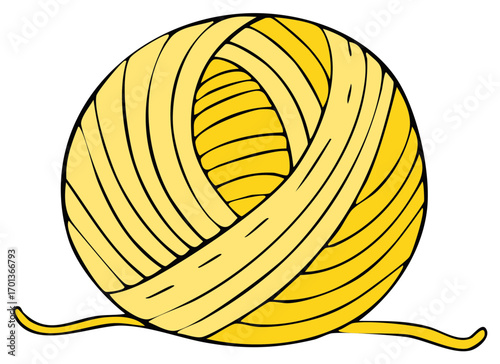 Illustration of a ball of yellow yarn with a loose end ready for knitting or crochet projects and crafts on a white background