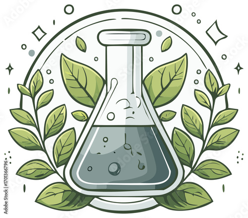 Natural Chemistry Concept with Erlenmeyer Flask and Green Leaves Illustration