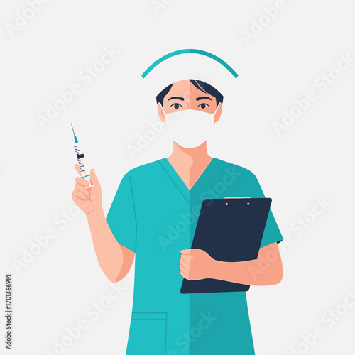 A healthcare professional in scrubs holding a syringe and clipboard, ready.