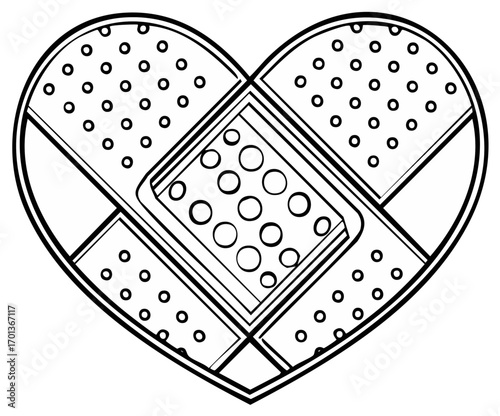 Heart shaped adhesive bandage graphic illustration, black and white