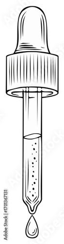 Illustration of a glass dropper with a liquid and bubbles, dripping a droplet for medical applications or cosmetic treatments