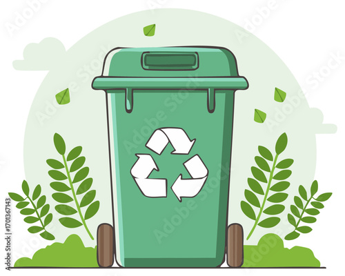 Green recycling bin with eco friendly leaves illustration for environmental sustainability