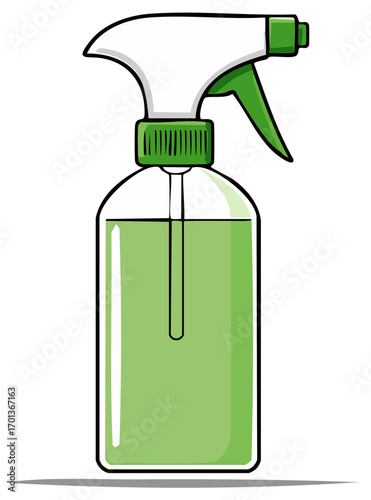 Cartoon illustration of a green spray bottle for cleaning solutions