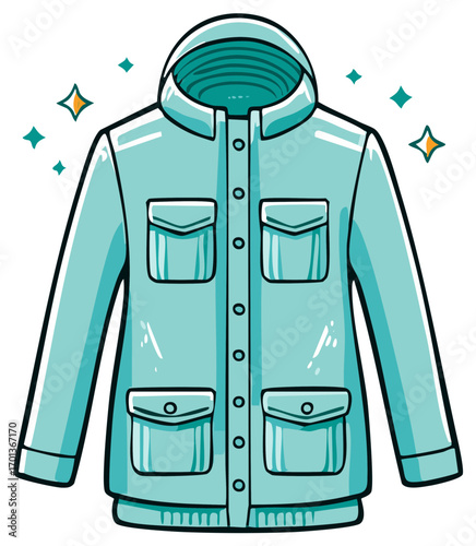 Cartoon light blue hooded jacket with buttons and pockets for casual or outdoor wear