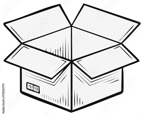 Empty Cardboard Box Hand Drawn Illustration, Package Container with Flaps Opened