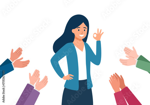 Public approval, praise. Happy success woman with respect from the community. 