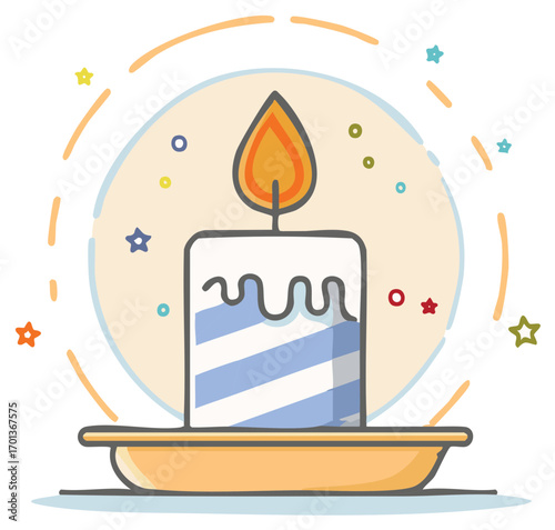Cute striped birthday candle with burning flame cartoon vector illustration