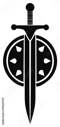 Bold black silhouette graphic of a powerful sword overlaid on a round shield symbolizing strength defense and warrior spirit.