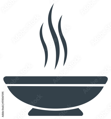Hot soup bowl icon with rising steam illustration, simple line drawing graphic element isolated on white