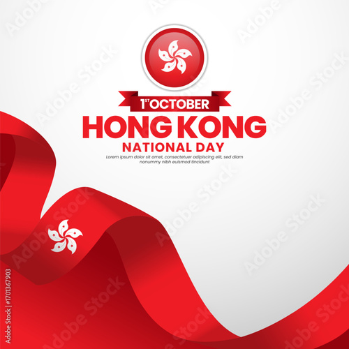 Hong kong national day greeting card, square banner background with warving ribbon flag