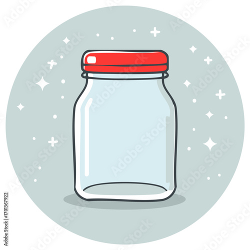 Clean empty glass jar with vibrant red lid illustration on a sparkling grey background