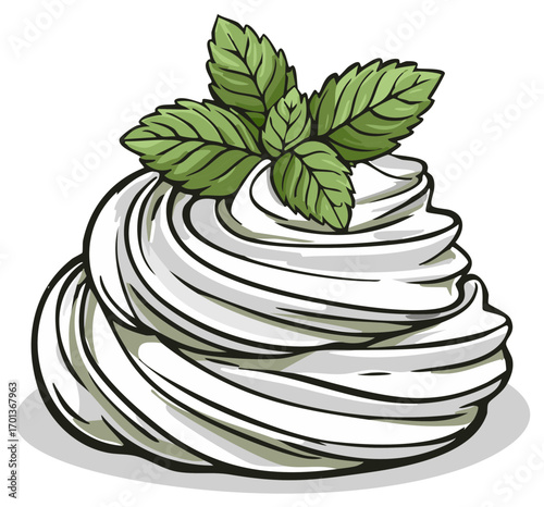 Vector Illustration of White Cream Swirl Decorated with Green Mint Leaves