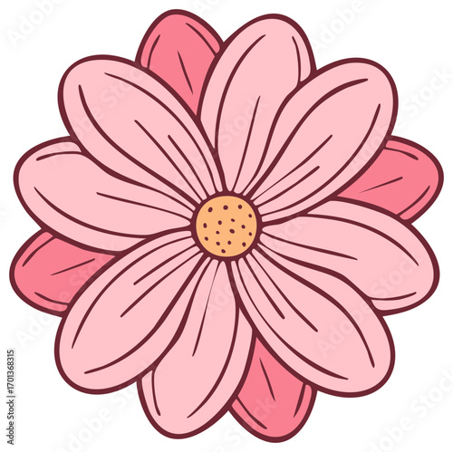 Floral illustration of pink daisy stylized with outlines in a circle