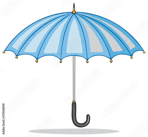 A bright blue translucent umbrella with grey accents and a curved black handle against a plain background