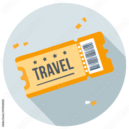Orange travel ticket with barcode and stars, flat design illustration for journey and vacation booking