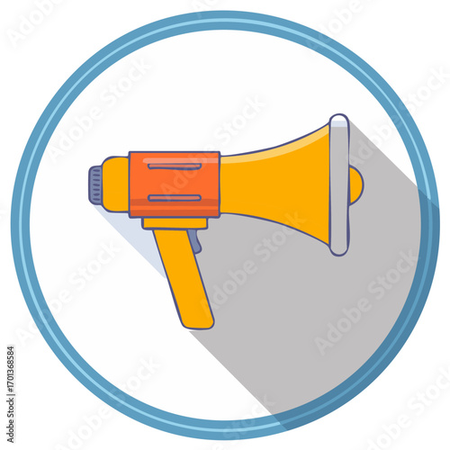 Stylized megaphone icon with blue circle frame, flat design promotion broadcast vector illustration