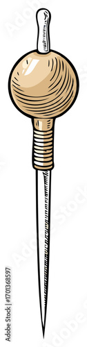 Vintage hat pin illustration with sphere head, classic accessory vector drawing, hand-drawn stylized antique needle artwork