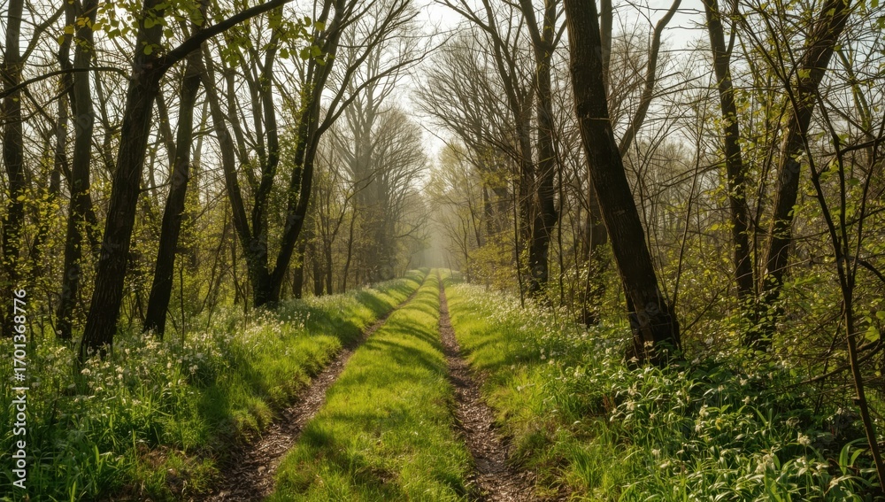 Obraz premium Serene green forest path in early spring